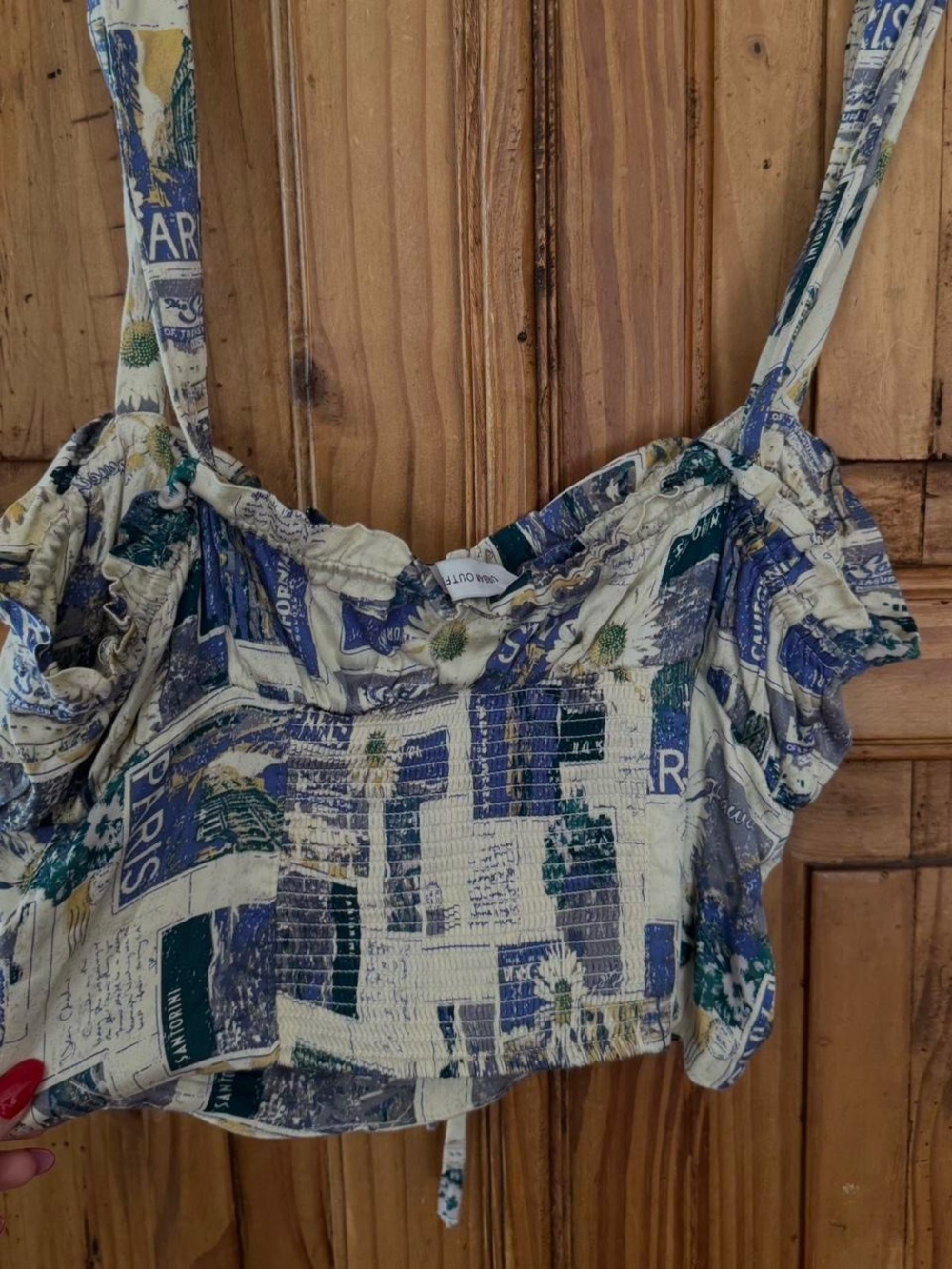Urban Outfitters Blue & Cream Printed Tie-Front Crop Top - Picture 5 of 6